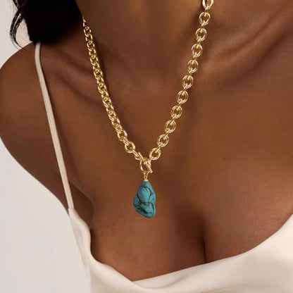 IMBOS 14K Gold Plated Chunky Chain Choker Necklaces for Women Chunky Gold Necklace Tennis Necklace for Women CZ Love Chain Cuban Link Choker Jewelry Gifts - color: Gold-Turquoise Necklace