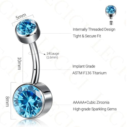Titanium Floating Belly Button Rings 14G, ASTM F136 Implant-Grade Curved Barbell, Internal Thread with 6mm Teardrop Gems, Sparkle Navel Piercing Jewelry, 10mm/12mm Length - color: Silver-Blue, size: 3/8"(10mm)
