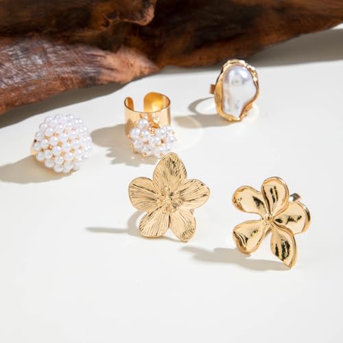 Chunky Gold Stackable Rings Set for Women Pearl Flower Rings Sets Dainty Carved Signet Joint Finger Midi Rings Pack Adjustable Chunky Knuckle Ring Statement Stacking Ring Pack - color: A-Gold-5Pcs