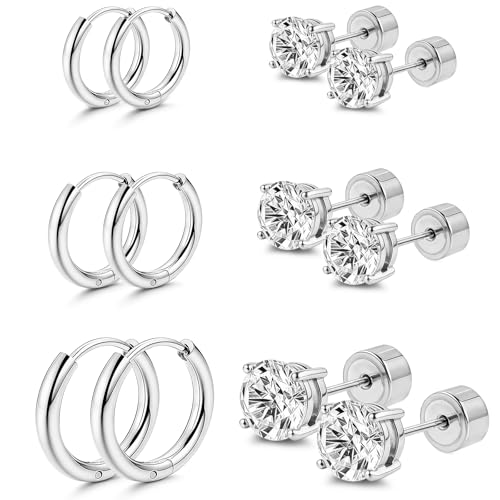 Hypoallergenic Surgical Steel Earrings, 20G Sparkling Cubic Zirconia (CZ) Flat Back Studs & Hoops, Earrings for Sensitive Ears, Cartilage & Helix Piercing Jewelry - color: silvery