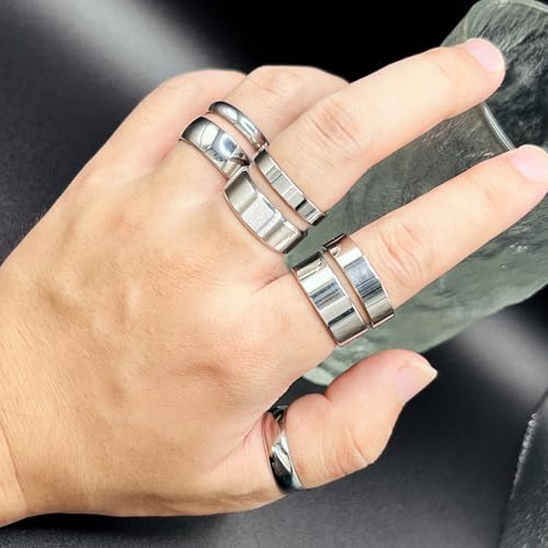 7Pcs Classic Gold Men's Wedding Rings Set,4mm 6mm 8mm Stainless Steel Silver Band Ring for Men Women,18K Gold Plated Band Rings,Comfort Fit Size 6 to 11 - style: Silver 7-piece set
