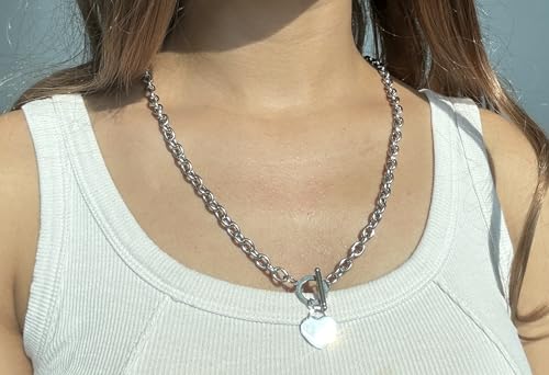 WangGao Elegent Love Stainless Steel Link Chain Blank Heart Charms Necklace for Women Toggle Clasp Closure - color: Silver, size: 23.5inches