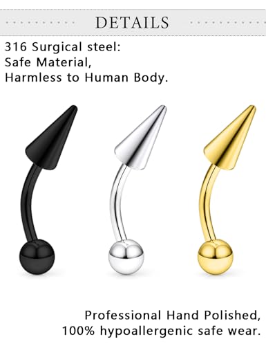18Pcs Angel Bites Piercing Jewelry Surgical Steel Vertical Labret Lip Jewelry 16G Snake Bites Piercing Jewelry Curved Barbell Long Spike Eyebrow Rings for Women Men Bar Length 6mm/8mm/10mm - style: spike length 6mm