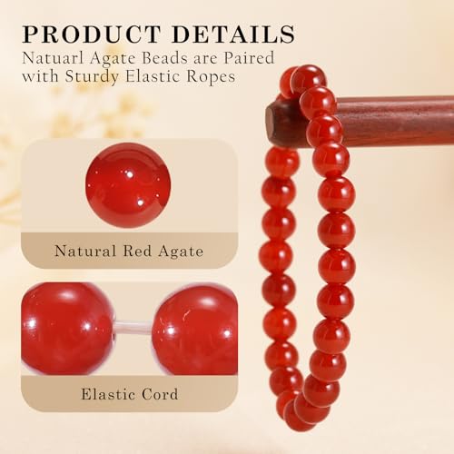 Agate Round Beaded Bracelet for Women Men Natural Agates Stone Healing Bracelets Stretch Elastic Handmade Polished Gemstone Beads Bracelet - color: Red, size: 8mm Beads