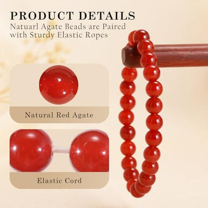 Agate Round Beaded Bracelet for Women Men Natural Agates Stone Healing Bracelets Stretch Elastic Handmade Polished Gemstone Beads Bracelet - color: Red, size: 8mm Beads
