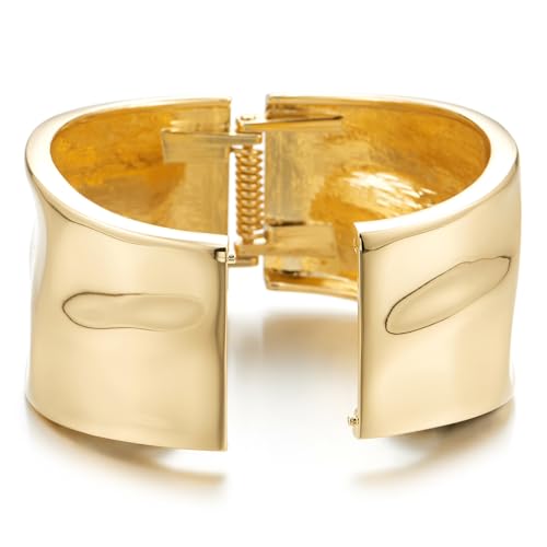 COOLSTEELANDBEYOND Gold-Tone Hammered Cuff Bracelet for Women, Wide Polished Bangle Bracelet, Modern Statement Jewelry