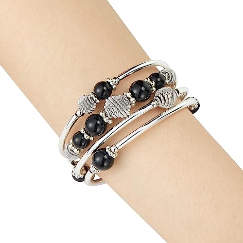 PEARL&CLUB Beaded Chakra Bangle Turquoise Bracelet - Fashion Jewelry Wrap Bracelet with Thick Silver Metal and Mala Beads, Birthday Gifts For Women - color: Black
