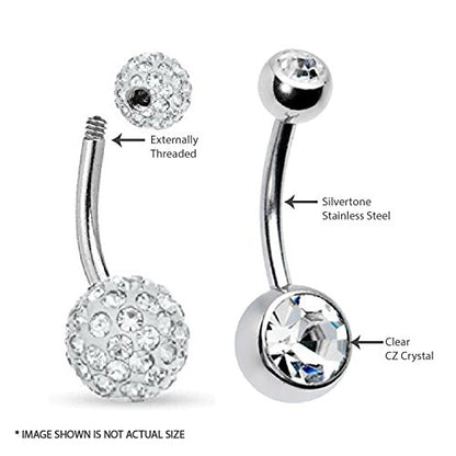 BodyJ4You 5PC Belly Button Rings Set - 14G - Multicolor Surgical Stainless Steel - Shiny CZ Crystals - Clear Pink Aqua Black - Replacement Extra Pack - Women Body Piercing Jewelry - color: Silvertone - Clear