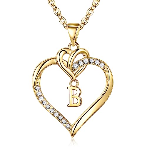 STORUP Heart Initial Necklaces for Women Girls, Initial A-Z Heart Necklace | 14K-Gold-Plated, Initial Heart Necklaces for Teen Girl Jewelry, Anniversary Birthday Gifts for Girls Women Her Wife Mom - color: Gold, style: B