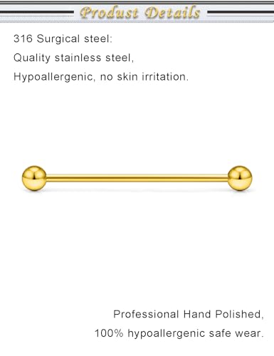 16G 14G Surgical Steel Tongue Rings Nipple Rings Industrial Piercing Jewelry Set Multi Size Straight Barbells 12mm 14mm 16mm 19mm 22mm 28mm 32mm 35mm 38mm 40mm 45mm for Women Men - color: goldtone, size: 14g,bar length 38mm