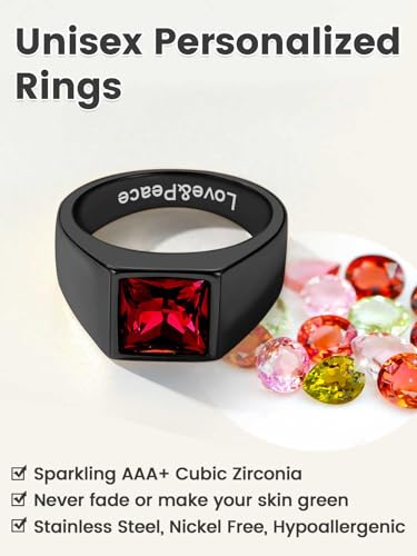 KeyStyle Square Gemstone Signet Rings for Men, Personalized Stainless Steel Pinky Ring with Black Onxy Blue Topaz Birthstone Statement Ring - color: Black - Custom Stone - 8mm