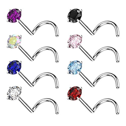 Satix 4-11PCS 18G 20G Implant Grade Titanium Nose Screw Rings Prong Settings 2mm CZ Nose Screw Studs Ring Nostril Piercing Jewelry For Women - style: 18 Gauge - 8PCS