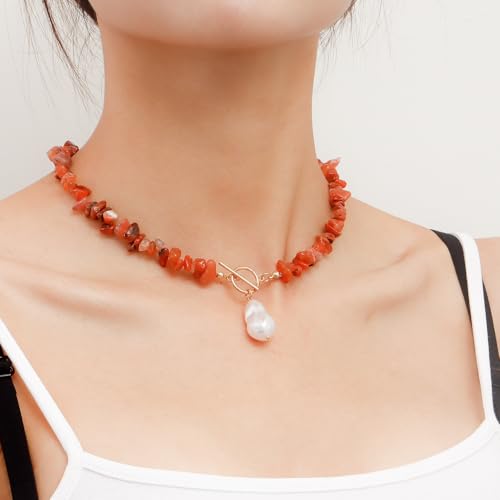 Bohemian Stone Pearl Choker Necklace for Women Dainty Natural Irregular Stone Choker Turquoise Beaded Lariat Necklace Simple Fashion OT Toggle Spiritual Handmade Jewelry - color: Red