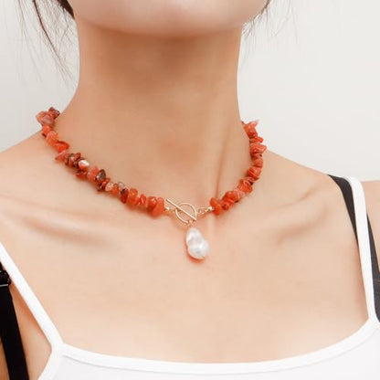 Bohemian Stone Pearl Choker Necklace for Women Dainty Natural Irregular Stone Choker Turquoise Beaded Lariat Necklace Simple Fashion OT Toggle Spiritual Handmade Jewelry - color: Red