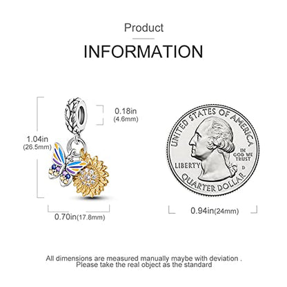 Pandach 925 Sterling Silver Charms for Bracelets and Necklaces Travel Round The World Beads Charms Relaxation Dangle Pendant,Jewelry Beads Gifts for Women - style: Butterfly Sunflower Charm