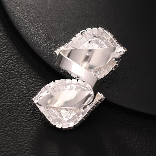 Paved CZ Leaf Statement Open Ring for Women - Sparkle Crystal Leaves Adjustable Wrap Finger Band Bridal Wedding Engagement Promise Eternity Rings Exaggerated Exquisite Cocktail Party Jewelry for Bride - color: Silver