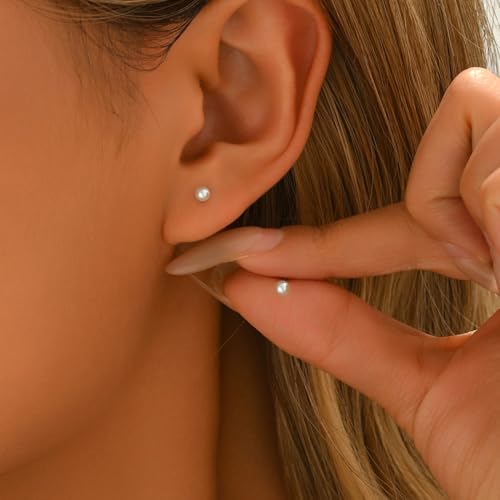 Pearl Stud Earrings for Women Gold/Silver Plated 3mm 4mm 5mm 6mm 8mm Pearl Earrings Dainty Hypoallergenic Earrings - color: White Gold, size: 3 Millimeters