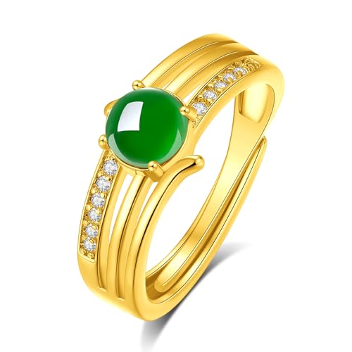 MRW Rings For Women Handmade Natura Green 925 Sterling Silver Gold Plated Zircon Ring Jewelry For Women - color: NATURAL JADE（Line Design）