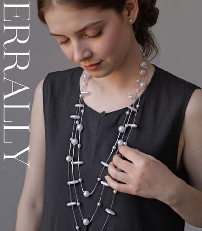 Errally Long Pearl Necklace and Earring Set Layered Pearl Beaded Necklaces for Women White Costume Jewelry Sets Gifts for Mom - color: Disc Shaped