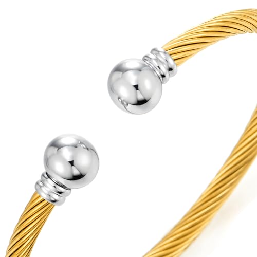 COOLSTEELANDBEYOND Elastic Adjustable Stainless Steel Cuff Bangle Bracelet for Mens Womens - color: H-Metal Color: Gold & Silver