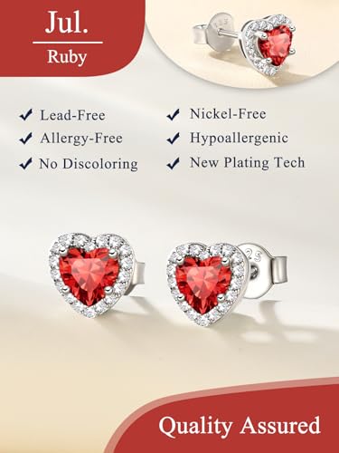 Suplight 925 Sterling Silver Birthstone Stud Earrings for Women, Round/Heart/Teardrop/Square Crystal Diamond Earrings for Women, Dainty Birthday Gifts Jewelry - color: style b-07. heart-July(Created Ruby)