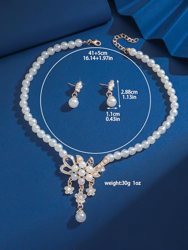 Pearl Necklace and Earring Set for Women,Pearl Jewelry Set Fake Pearls Necklace Imitation Beaded Collar de Perlas Para Mujer Necklaces for Prom Bridesmaid Costume Accessories - color: C-Gold Flower