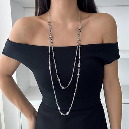 Long Necklaces for Women Pearl Necklaces for Women Long Chain Necklace Dainty Layered Pearl Necklace Statement Sweater Strand Chain Jewelry - color: Black
