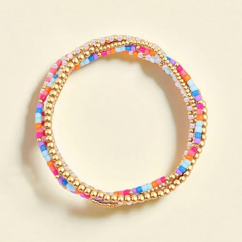 14K Gold Plated Beaded Bracelets Stack Set for Women,Stretch Boho Ball Jewelry Friendship Trendy - color: Colorful