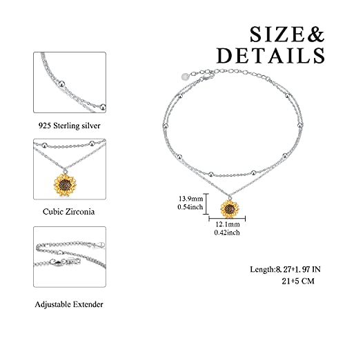 POPLYKE 925 Sterling Silver Double Layered Chain Evil Eye Daisy Sunflower Butterfly Anklets for Women Holiday Beach Crystal Ankle Bracelet Dainty Evil Eye Jewelry - style: Sunflower Anklet