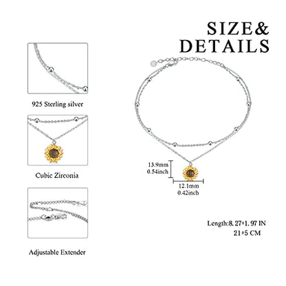 POPLYKE 925 Sterling Silver Double Layered Chain Evil Eye Daisy Sunflower Butterfly Anklets for Women Holiday Beach Crystal Ankle Bracelet Dainty Evil Eye Jewelry - style: Sunflower Anklet