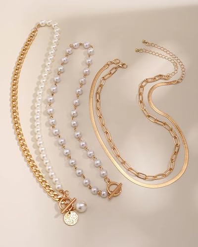 Gold Layered Necklaces for Women Chunky Layered Gold Necklaces Stacked Paperclip Chain Pearl Necklace Herringbone Toggle Clasp Choker Trendy Statement Jewelry Gifts - color: A1:gold layered necklace
