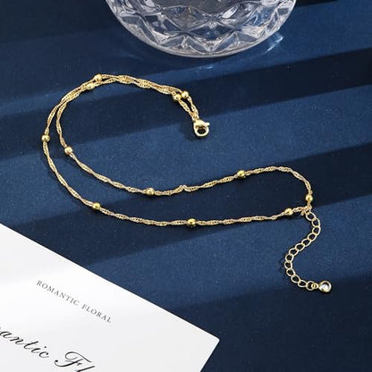 CAROVO Gold Ankle Bracelets for Women Waterproof,14K Gold Plated Bead Leaf Heart Dot Satellite Chain Layered Anklets Non Tarnish Summer Beach Jewelry Gift for Women - style: A: Layerd Bead