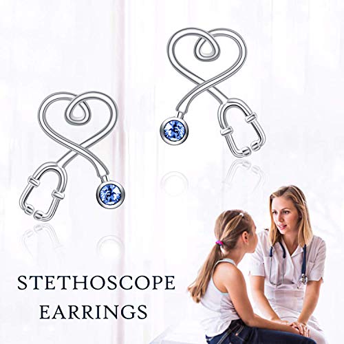 Stethoscope Earrings 925 Sterling Silver Heart Studs Earrings 12 Months Birthstone Crystals from Austria, Graduation Jewelry Gifts for Nurse Doctor RN Medical Student - color: Simulated Sapphire