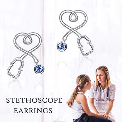 Stethoscope Earrings 925 Sterling Silver Heart Studs Earrings 12 Months Birthstone Crystals from Austria, Graduation Jewelry Gifts for Nurse Doctor RN Medical Student - color: Simulated Sapphire