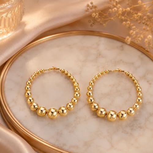 Big Chunky Gold Hoop Earrings for Women Beaded Large Statement Earrings Lightweight Fashion Jewelry Daily Wear Party Gift - color: A:gold Hoop Earrings