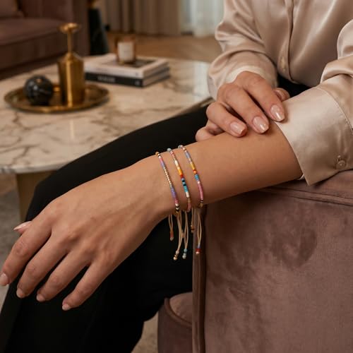 Seed Beaded String Rope Adjustable Bracelets Set for Women Men, Small Colorful Boho Rice 3Pcs Stack Handmade Thin Jewelry, Daily Beach Vacation Friendship Gift - color: Pink Purple H