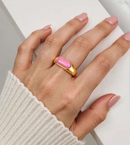 MYNENEY Signet Mens Pinky Rings Statement Wedding for Women - color: Pink stone-Gold