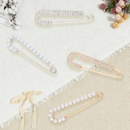 CREATCABIN 4pcs Women Brooch Pin Faux Crystal Pearl Brooches Sweater Shawl Clip Decorative Safety Pins Cardigan Collar Dress Shirt Clip Rhinestone Decoration for Clothing Hat Gold Silver 2.87×0.79in