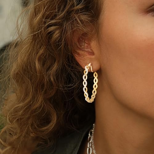 Clip On Hoop Earrings for Women Lightweight - Silver Twisted Clip-on Hoop Earings With Cubic Zirconia Fake Non Pierced Ears Jewelry - style: CZ-G40mm