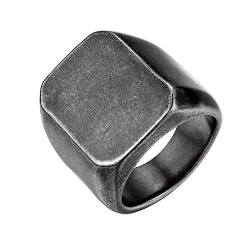 Bestyle Stainless Steel Signet Ring for Men Women in Gold/Black/Silver/Vintage Gray Tone, Chunky Thick Heavy Dome Band Ring Cool Finger Ring, Gift for Dad Husband, Size 7-14 Customizable - color: 05.Vintage Gray-Square