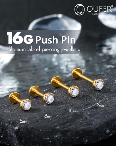 OUFER 2Pcs 20G/18G/16G G23 Titanium Threadless Nose Stud Earrings Flat Back Tiny CZ Small Nose Helix Cartilage Tragus Conch Labret Medusa Monroe Piercing Jewelry for Women Men - color: Gold, size: 1pcs, 16g 10mm, 4mm cz