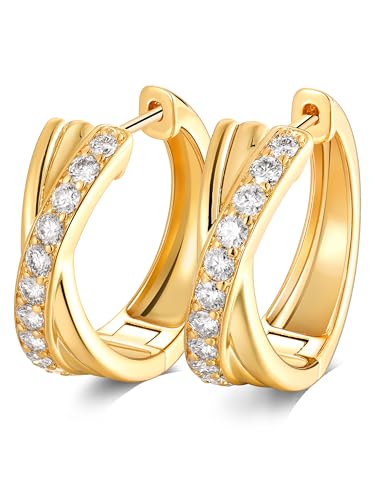Women's Huggie Hoops with Birthstone 925 Sterling Silver Huggie Stud Hypoallergenic 14K Gold Plated Moissanite Earrings -Emerald Sapphire Ruby Hoop Earrings, Size 20 25mm - color: B -Gold CZ, size: 20mm (0.78 Inch)