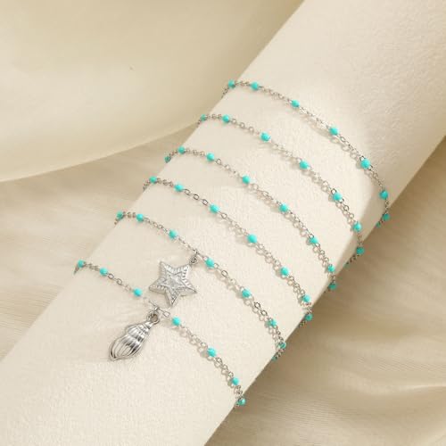 6 PCS Enamel Beaded Chains Bracelet Stainless Steel Link Bracelets | 6.7"+1.18", With Extender Chain, Fashion Jewelry Set, Gift For Women, Colorful, No Fade - color: Turquoise Silver