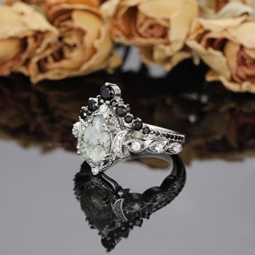 Moss Agate Bridal Wedding Rings Set for Women 925 Sterling Silver | Plated Platinum/Black Gold, Gothic, Vintage, Engagement Promise Ring, Anniversary Valentine Day Birthday Gift for Her - style: Platinum Plating New Moon Halo Ring