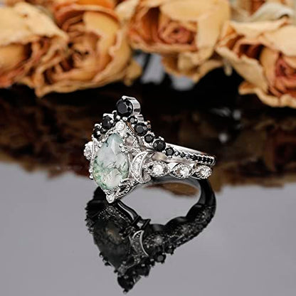 Moss Agate Bridal Wedding Rings Set for Women 925 Sterling Silver | Plated Platinum/Black Gold, Gothic, Vintage, Engagement Promise Ring, Anniversary Valentine Day Birthday Gift for Her - style: Platinum Plating New Moon Halo Ring