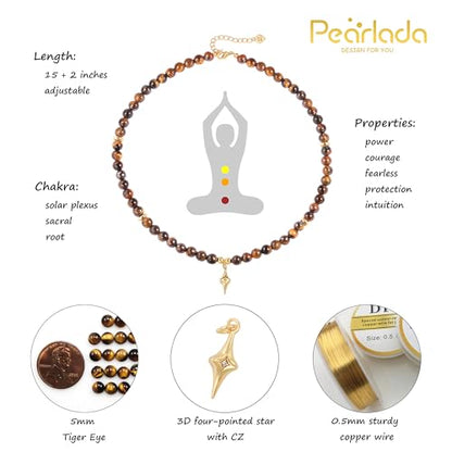 PEARLADA Turquoise Beaded Choker Necklace Chakra Stone Necklace Adjustable - color: Tiger Eye Beads 4mm