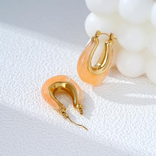 Enamel Hoop Earring for Women 18k Gold Plated Chunky Two-Tone U/C Shaped Earring Enamel Jewelry Gift for Wife Girlfriend - color: Orange 1