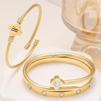 14K Gold Plated Personalized Flower Bracelet Set with Initial Charm Trendy Stackable Jewelry for Women - style: style1 W