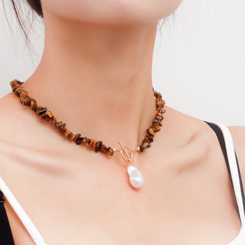 Bohemian Stone Pearl Choker Necklace for Women Dainty Natural Irregular Stone Choker Turquoise Beaded Lariat Necklace Simple Fashion OT Toggle Spiritual Handmade Jewelry - color: Brown
