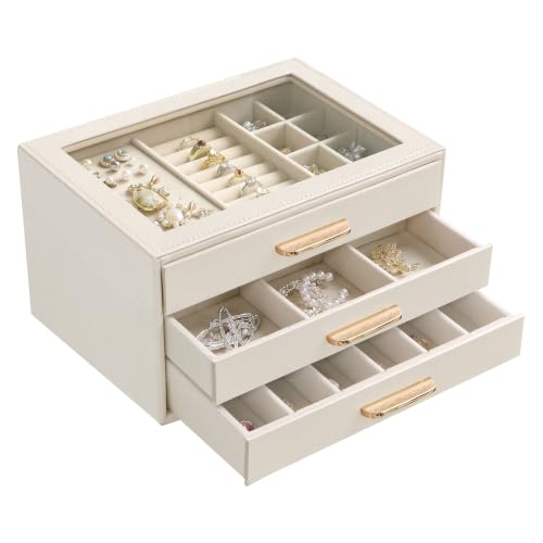 Homeanda Glass Lid Jewelry Boxes for Women, 3-Layer PU Leather Organizer with 2 Drawers, Display Storage for Rings Necklaces Earrings Bracelets Watches, Gift for Wife and Girls (Beige) - color: Cloud White, size: 3 Layer (8.4"D x 5.7"W)